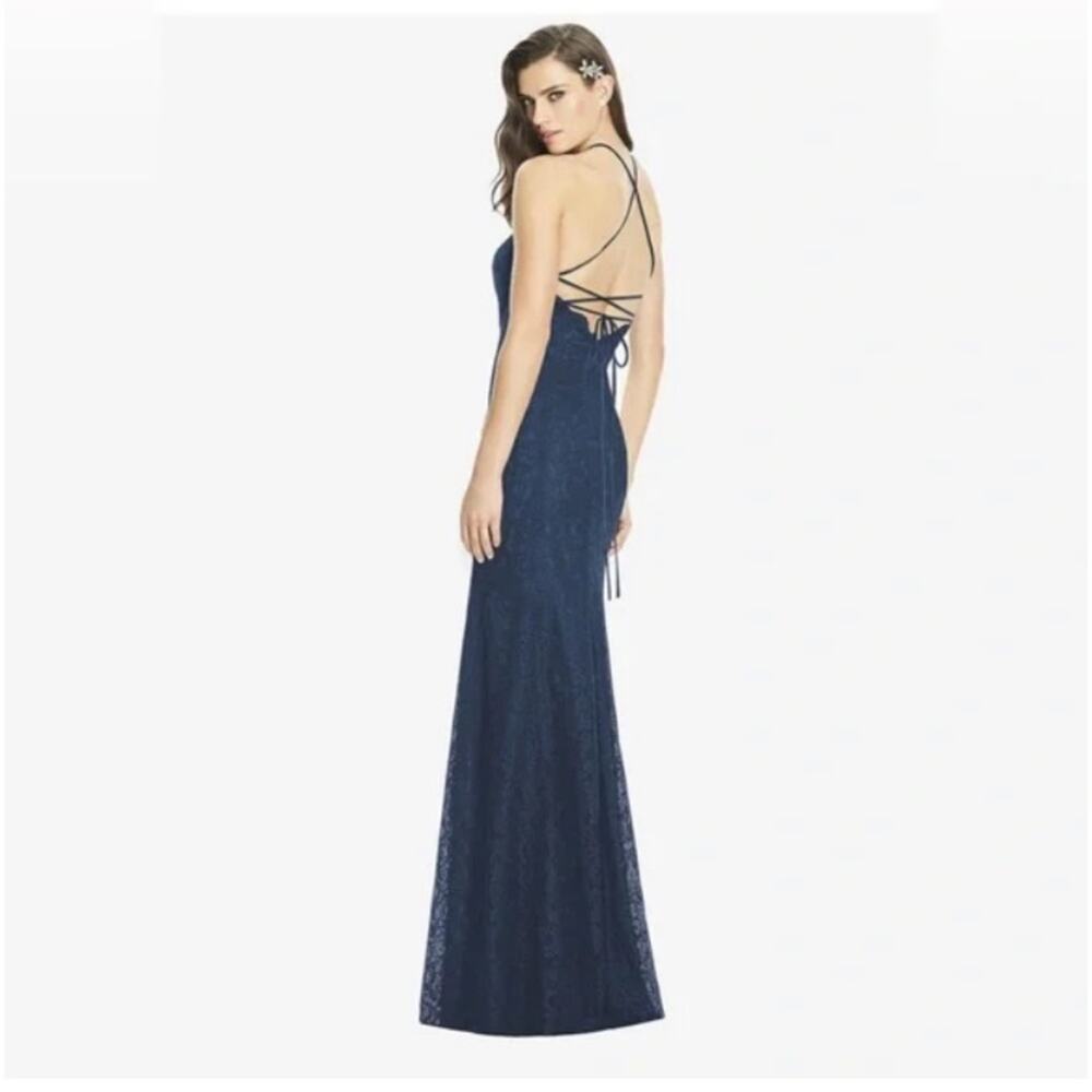 Dessy Collection NWT Halter Cross Back Lace Trumpet Midnight Dress Size 4 - Picture 2 of 9